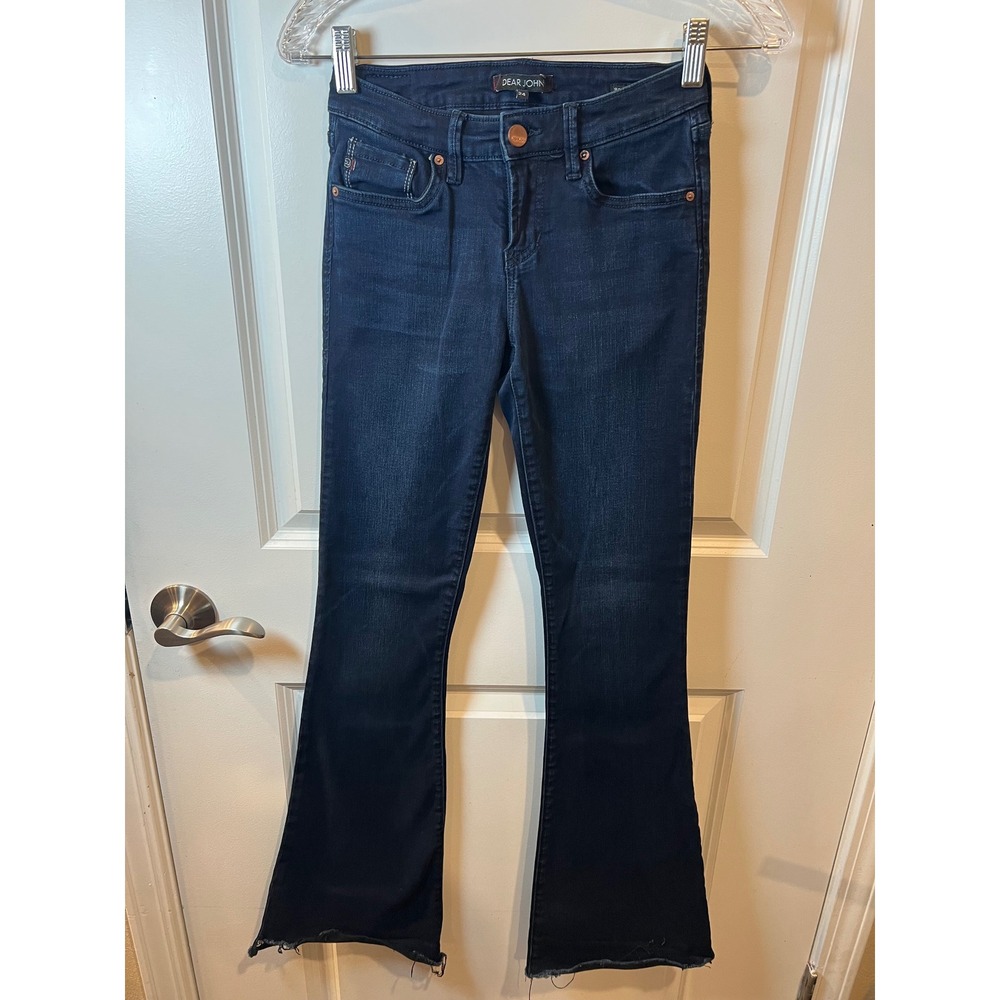 Dear John Womens Flare Jeans Rosie Raw Hem Dark Wash Size 24